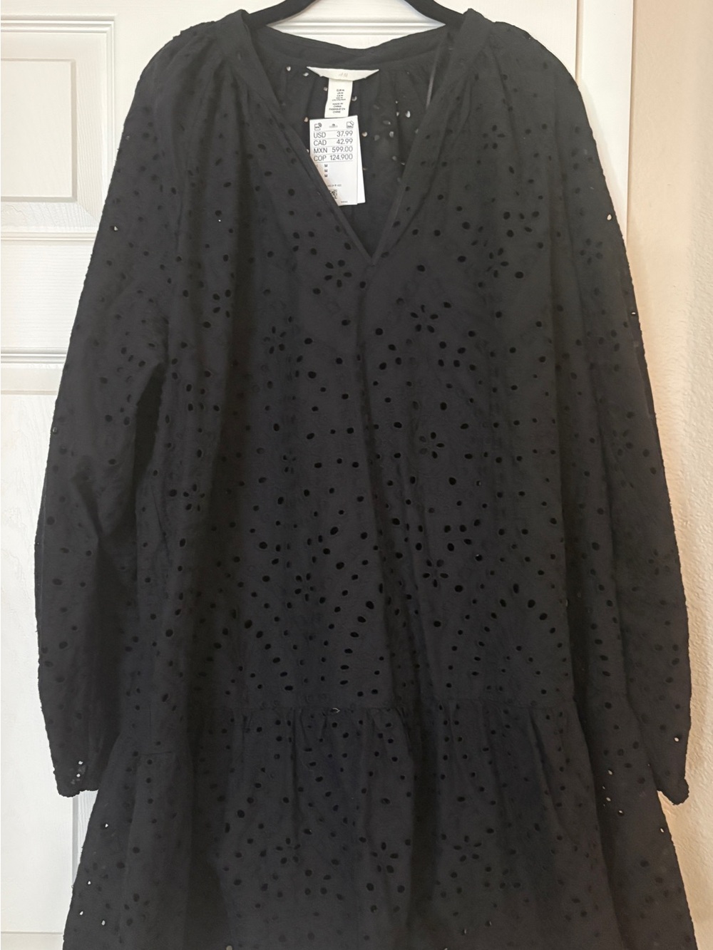 Black Eyelet Long-Sleeve V-Neck Drop Waist Dress